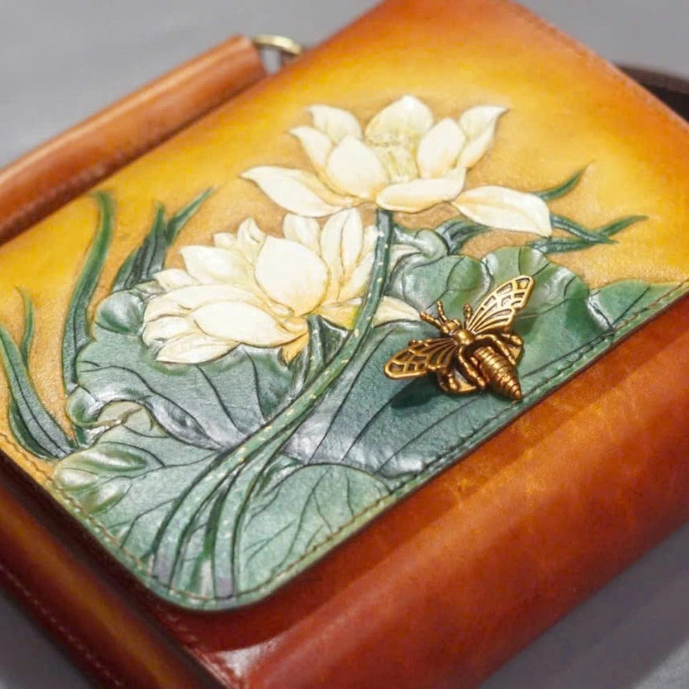 Hand-Carved Leather Handbag - Lotus Blossom & Bee Accent